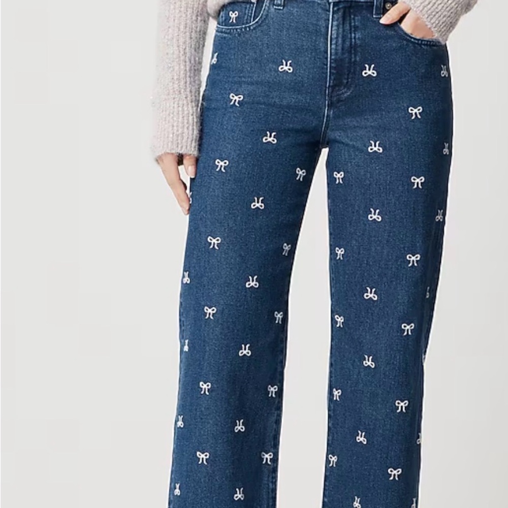 J. Crew Blue Jeans with White Embroidery bows. NEVER WORN